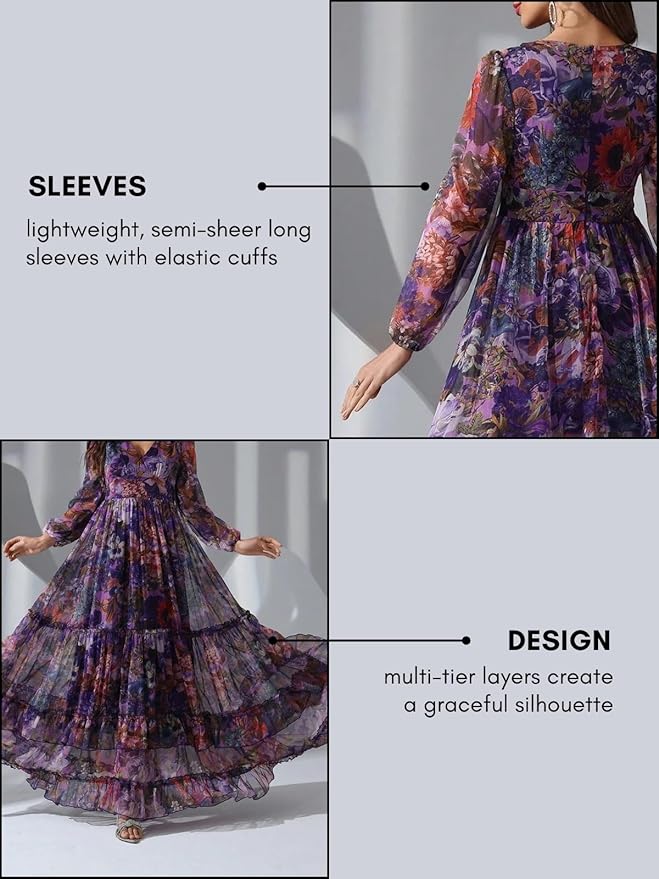 georgette floral maxi dress with v neck & long sleeves | lightweight tiered flowy gown for party, festive, wedding gues georgette floral maxi dress with v neck & long sleeves | lightweight tiered flowy gown for party, festive, wedding gues