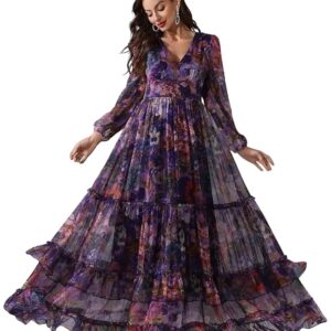 georgette floral maxi dress with v neck & long sleeves | lightweight tiered flowy gown for party, festive, wedding gues
