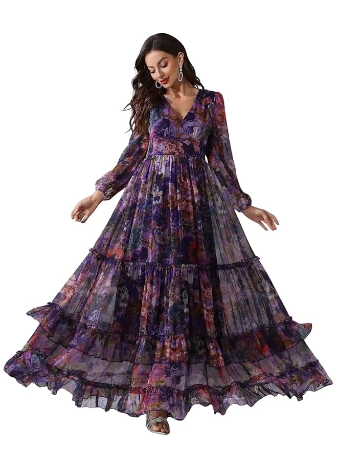 georgette floral maxi dress with v neck & long sleeves | lightweight tiered flowy gown for party, festive, wedding gues georgette floral maxi dress with v neck & long sleeves | lightweight tiered flowy gown for party, festive, wedding gues