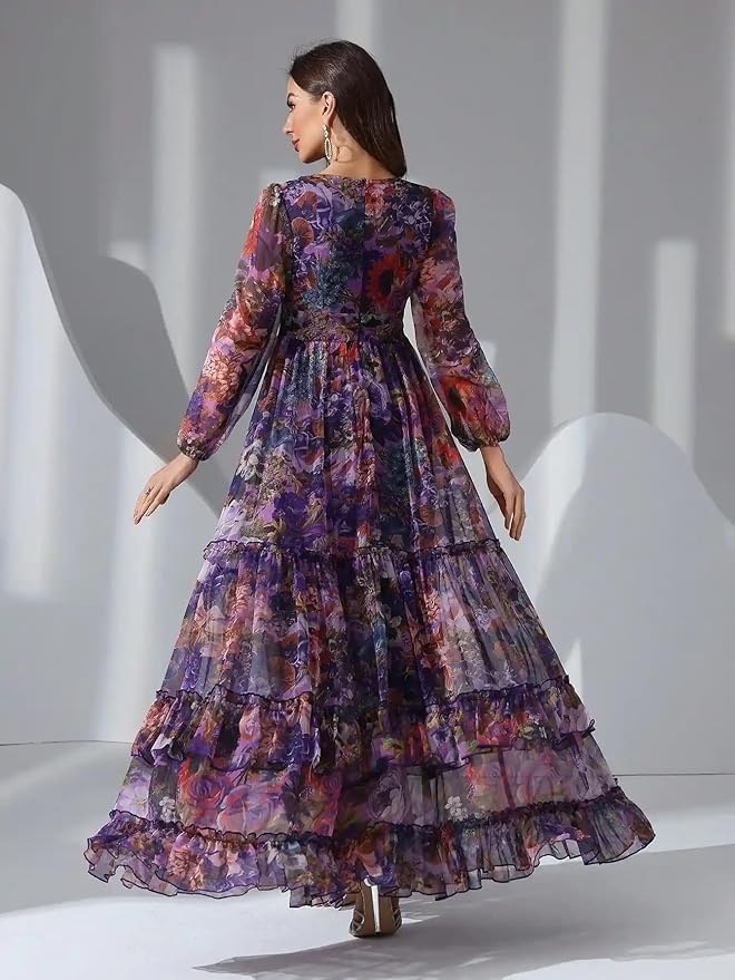 georgette floral maxi dress with v neck & long sleeves | lightweight tiered flowy gown for party, festive, wedding gues georgette floral maxi dress with v neck & long sleeves | lightweight tiered flowy gown for party, festive, wedding gues