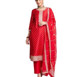 amazon brand myx women's embroidered kurta set with designer dupatta (available in plus sizes)