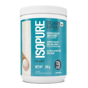 isopure collagen peptides (12g/serve) 250g (unflavored) with biotin & vit e(100% rda), for healthy skin, hair, nails, joints, & bones.
